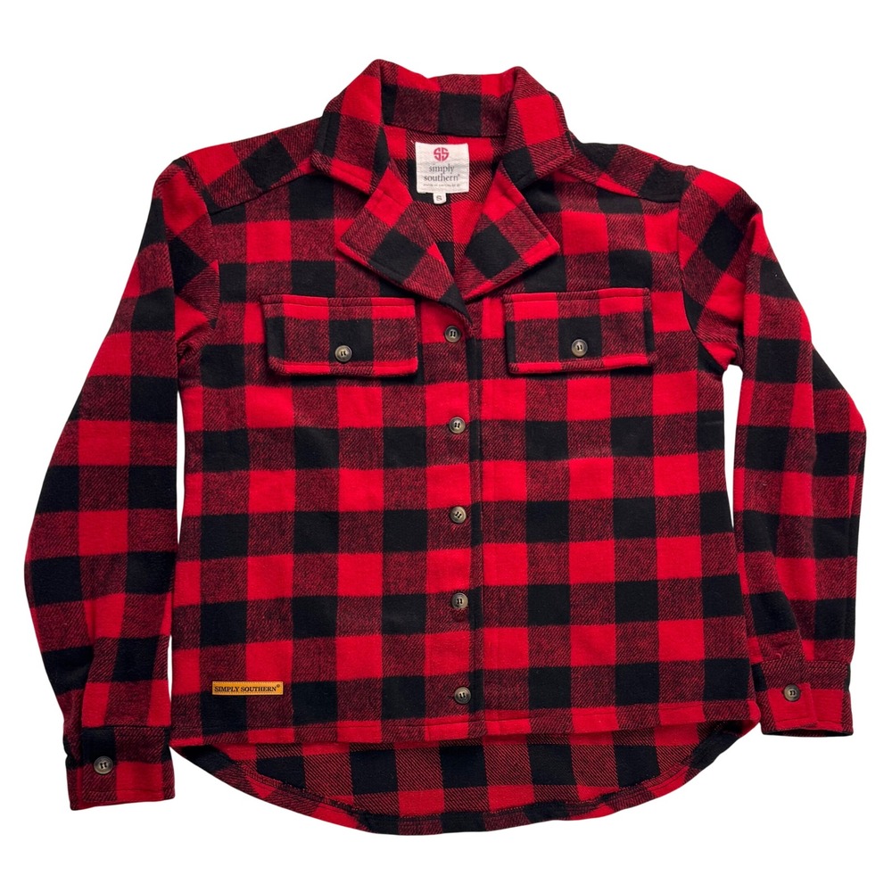Simply Southern Red Black Buffalo Plaid Fleece Shirt Jacket Shacket Womens Small